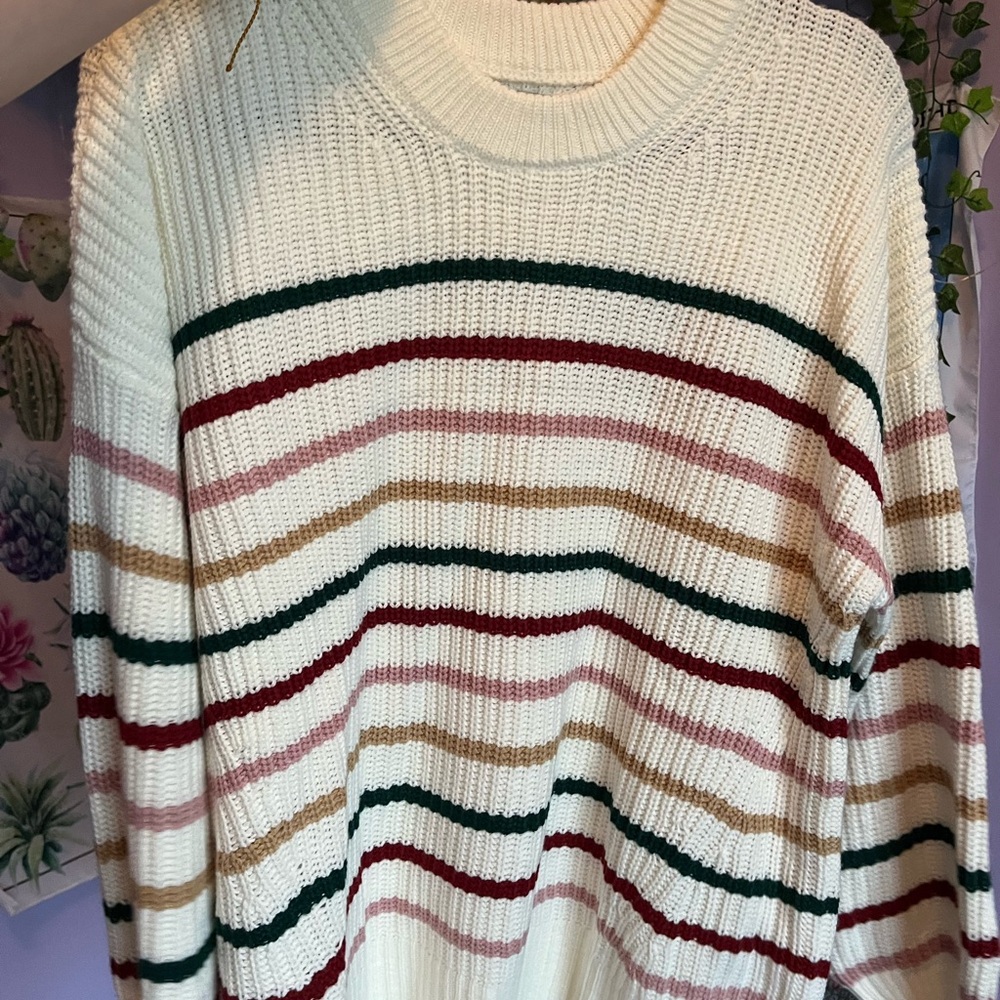 SO Cream and striped Neck Sweater with Ribbed Knit